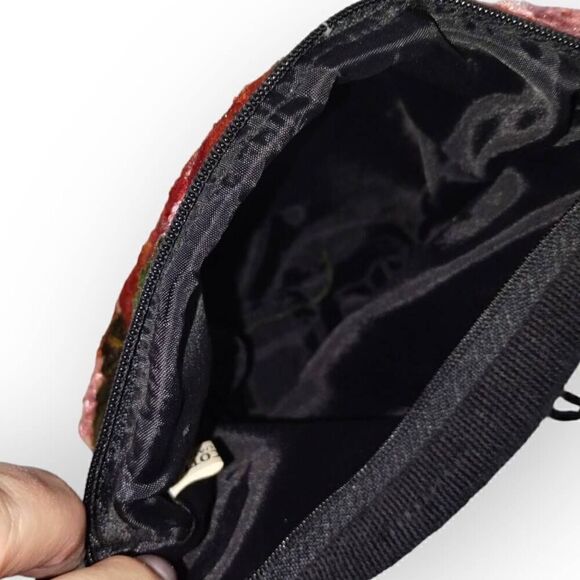 Floral Fabric‎ Shoulder Bag 10x8 Black Cord Orange Embroidered Flowers Zip Top - Picture 5 of 7